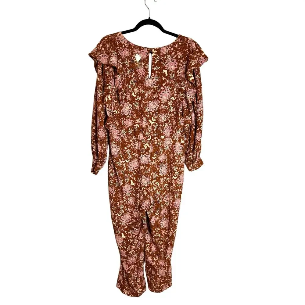 NWOT Free people lux floral jumpsuit ruffle brown pink Sz S